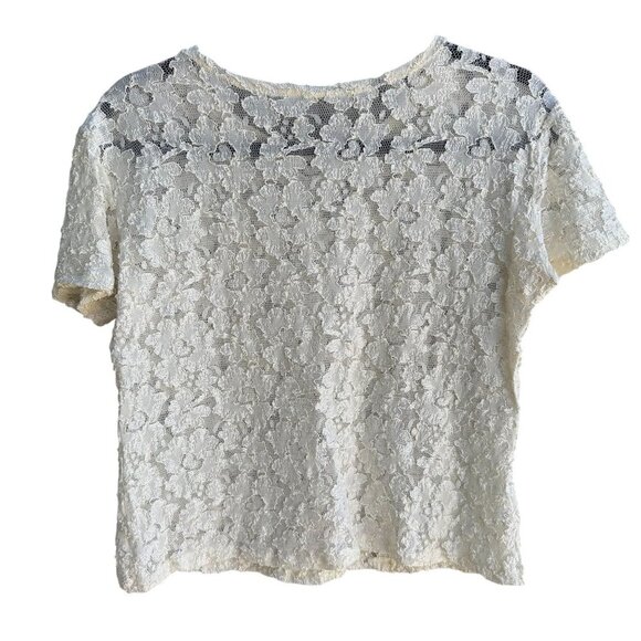 Vintage Y2K Womens Babydoll Ivory Stretch Lace Short Sleeve Semi Sheer Crop Top - Picture 2 of 7